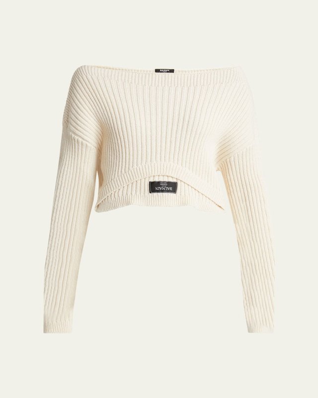 Upside Down Boat Neck Rib Cashmere Cropped Sweater